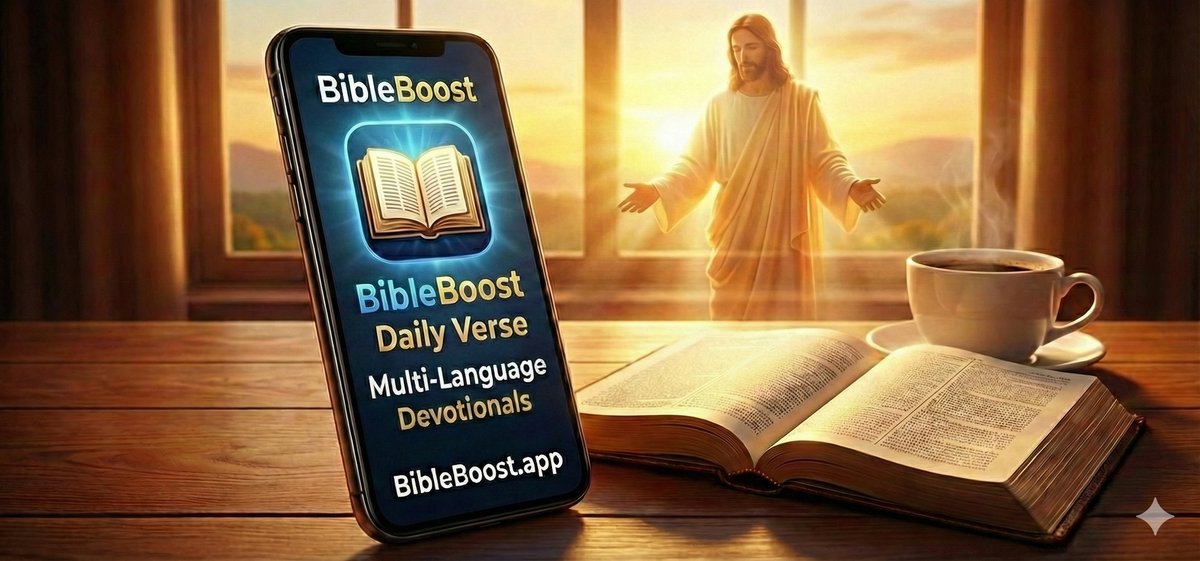 Bible Boost - Daily Verse app on phone with open Bible and coffee